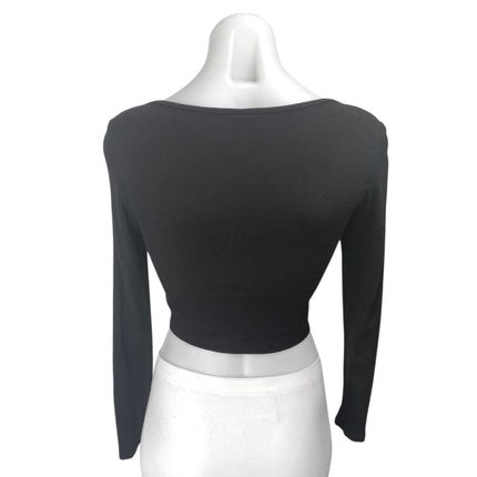 Shein Women's Black Butterfly Chain Front Rib Knit Cutout Long Sleeve Crop Top 2