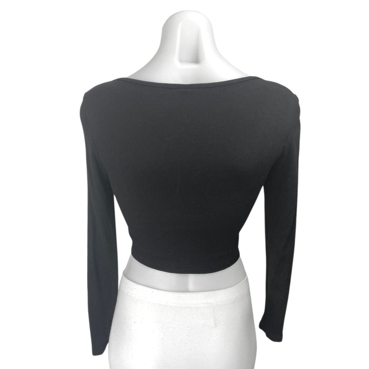 Shein Women's Black Butterfly Chain Front Rib Knit Cutout Long Sleeve Crop Top 2