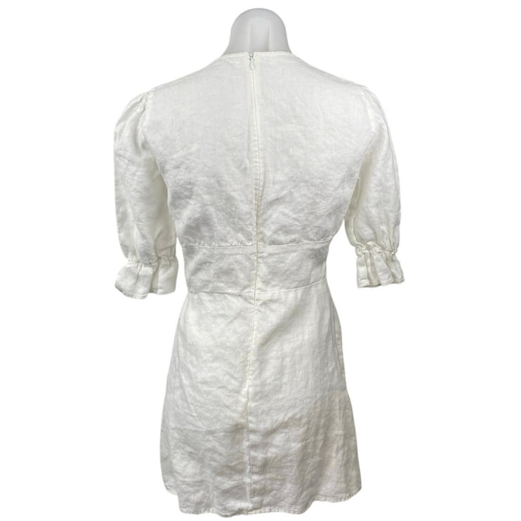 Reformation Simi 100% Linen Womens White V-neck Short Puff Sleeeve Mini Dress 4