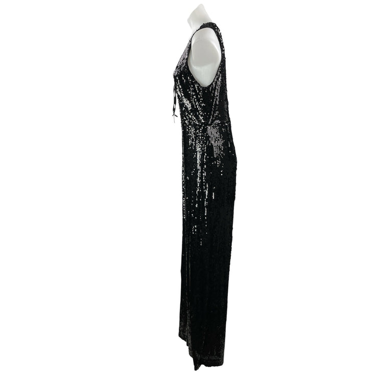 If By Sea Women's Black Sleeveless Sequin Tie Plunging V-Neck Romper Jumpsuit L