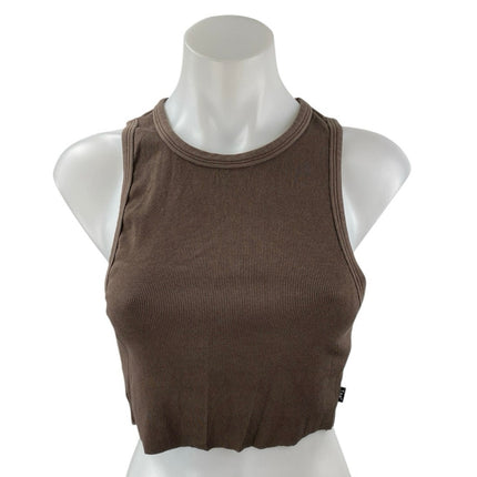 Aritzia TNA Women Brown Sculpt Sleeveless High Neck Rib Knit Tank Crop Top Size M