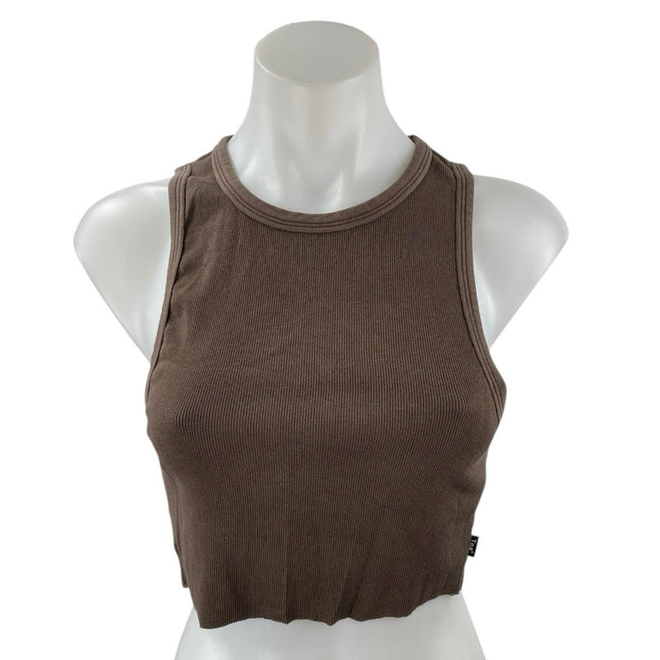 Aritzia TNA Women Brown Sculpt Sleeveless High Neck Rib Knit Tank Crop Top Size M
