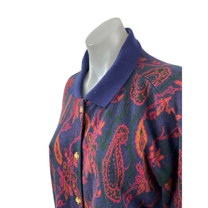 Gitano Women's Blue Red Paisley Floral Knit Long Sleeve Button Down Shirt Top S