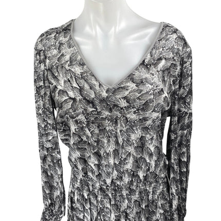 White House Black Market Silver Metallic Feather Long Sleeve A Line Mini Dress M