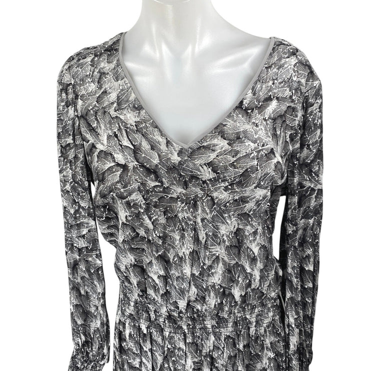 White House Black Market Silver Metallic Feather Long Sleeve A Line Mini Dress M