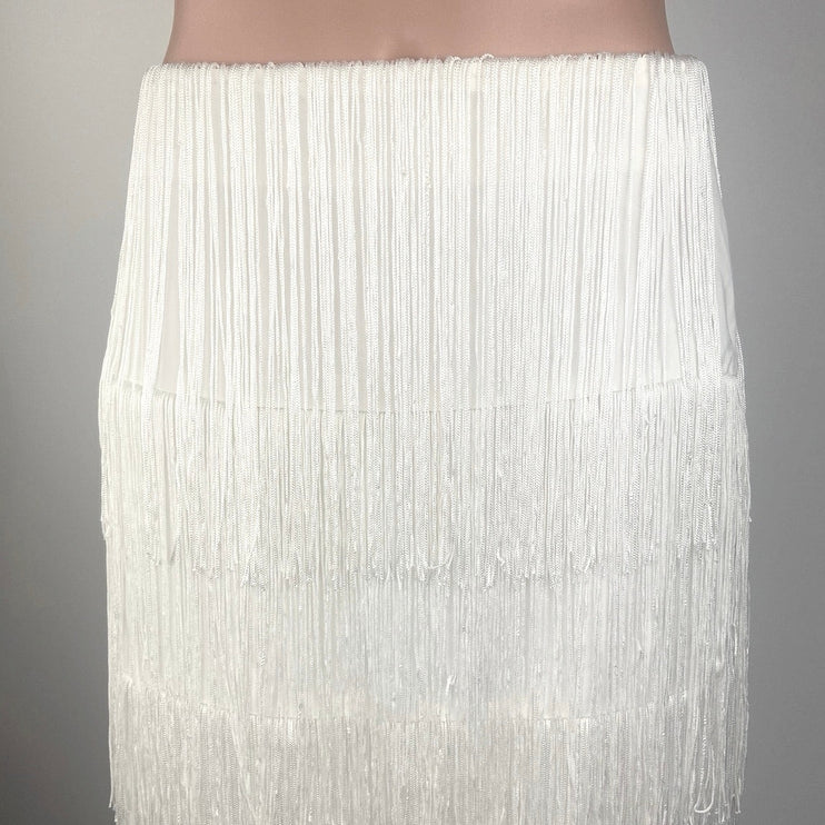 12th Tribe NWT White Gatsby Fringe Layered Straight Pencil Boho Midi Skirt Sz S