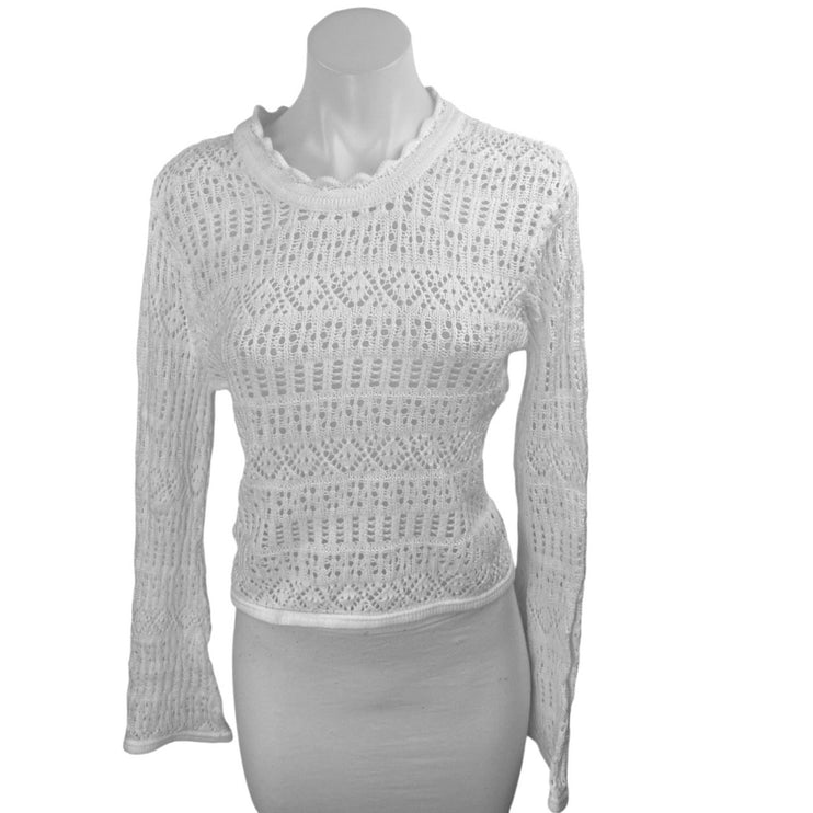 Zara White Long Bell Sleeve Open Knit Crochet Crew Cover Up Blouse Top Size L