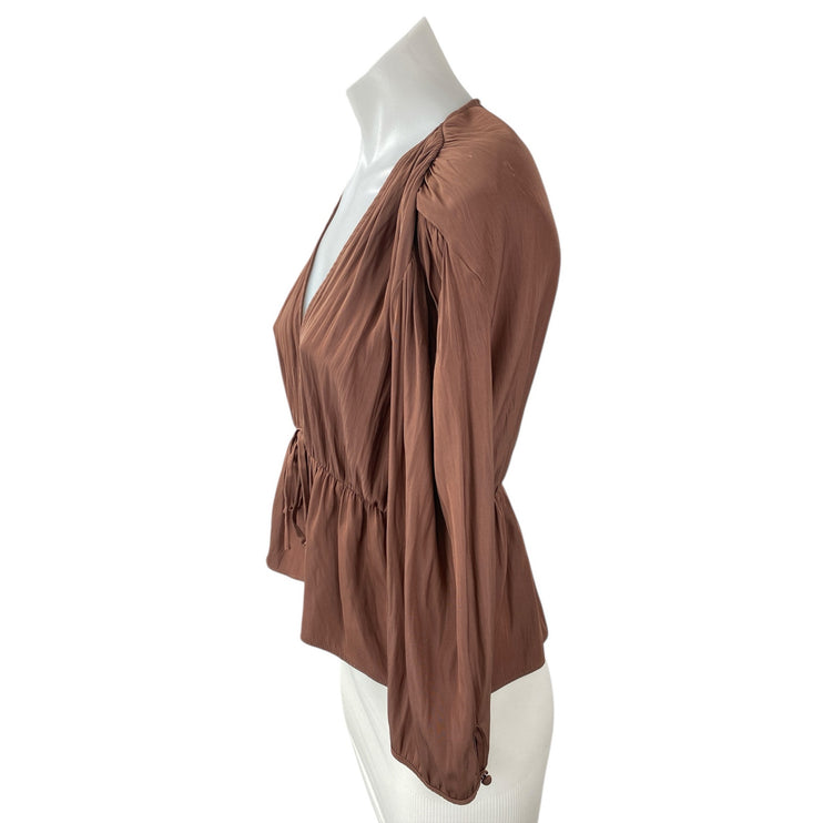 Aritzia Wilfred Shanina Womens Brown Deep V Neck Long Sleeve Tie Blouse Top Sz S