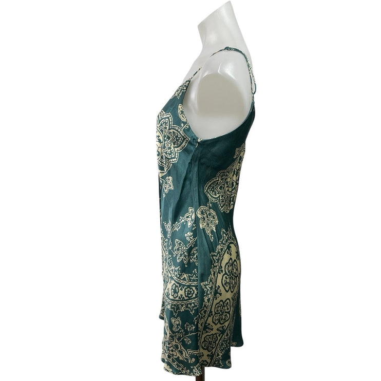 Zara Blue Silk Satin Paisley Sleeveless V Neck Mini A-Line Slip Tank Dress Sz S