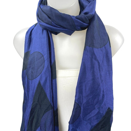 Women's Blue Black 100% Silk Shapes Abstract Fringe Shawl Wrap Scarf One Size