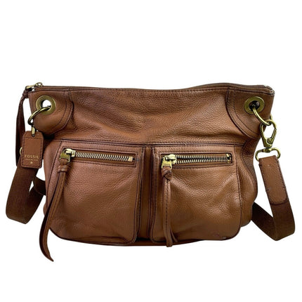Fossil Karli Women's Tan Brown Pebbled Leather Hobo Crossbody Handbag Size OS