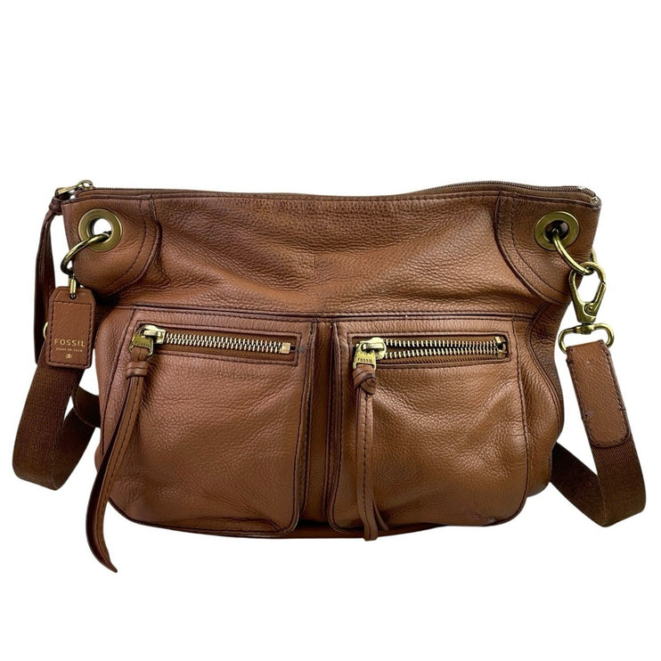 Fossil Karli Women's Tan Brown Pebbled Leather Hobo Crossbody Handbag Size OS