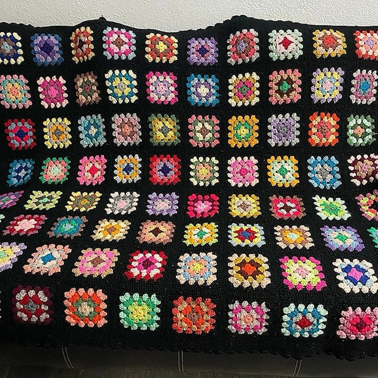 Vintage Granny Square Festival Crochet Afghan Rainbow Multicolor Blanket Throw