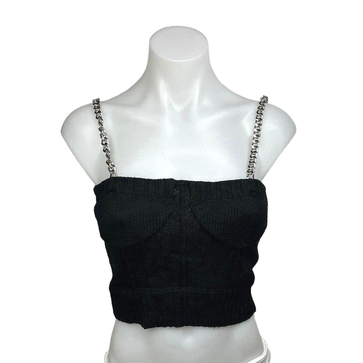 Zara Black Metal Chain Strap Ribbed Knit Corset Brami Cropped Sweater Top Size S