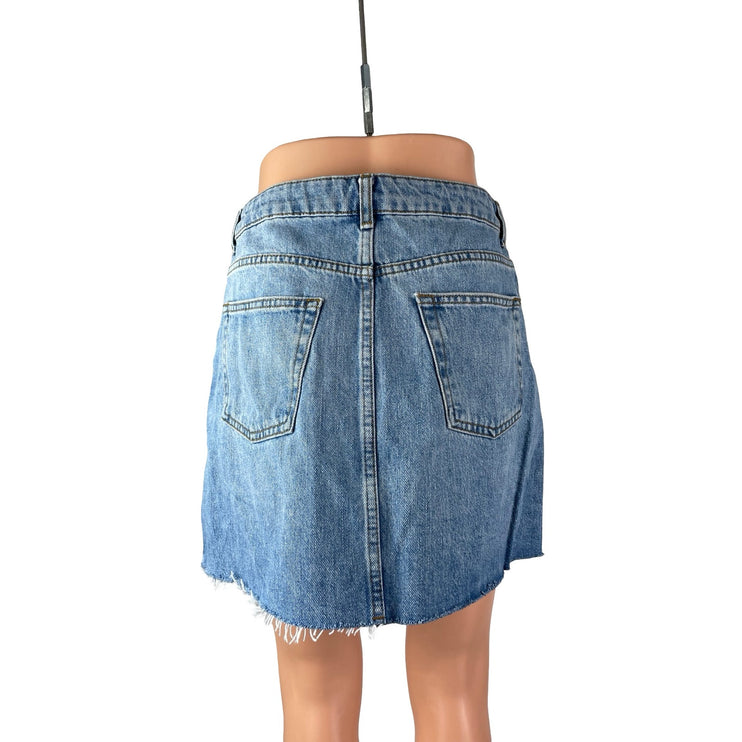 Topshop Moto Women Blue Medium Wash High Waist Raw Hem Pencil Denim Jean Skirt 8