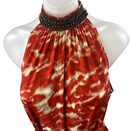 Michael Kors Coral Tie Dye Sleeveless Halter Beaded Fit & Flare Midi Dress Sz M
