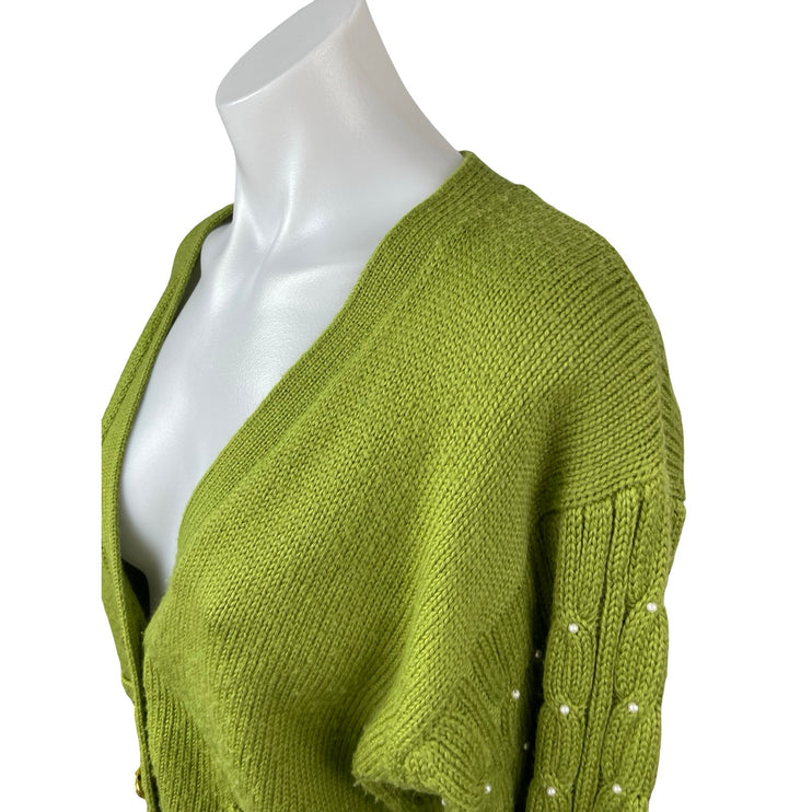 Rene Derhy Green Beaded Pearl Cable Knit Button Up Crop Cardigan Sweater Size M