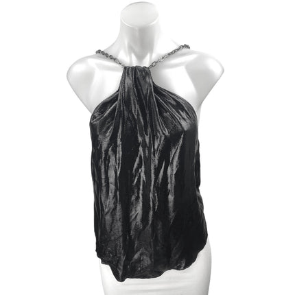 Women's Black Metallic Halter Chain Open Back Sleeveless Shimmer Blouse Top S