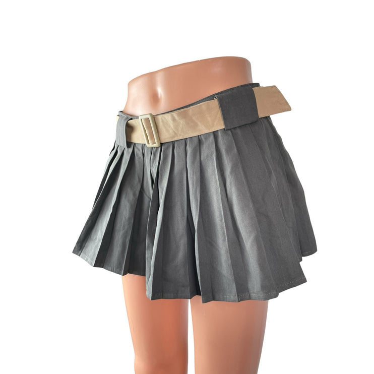 Rumours Women's Gray Belted Pleated High Waist Mini Skater Flare A-Line Skirt S