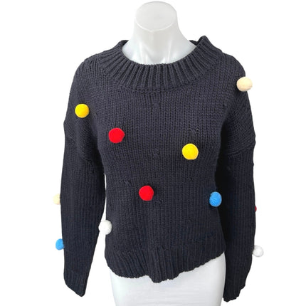 Cider Women's Blue Pom Poms Chunky Knit Long Sleeve Pullover Sweater Top Size M
