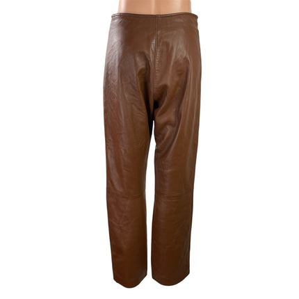 Nicola Berti Women's Brown 100% Leather High Rise Wide Leg Trousers Pants Size 6
