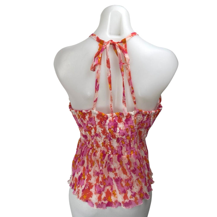 Japsa Women's Multicolor Floral Halter Sleeveless Smocked V Neck Blouse Top Sz L