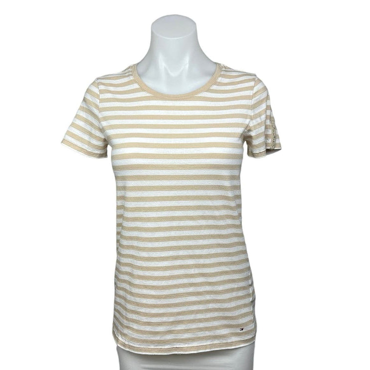 Tommy Hilfiger Cotton Beige Striped Short Sleeve Crew Neck T-Shirt Top Size M