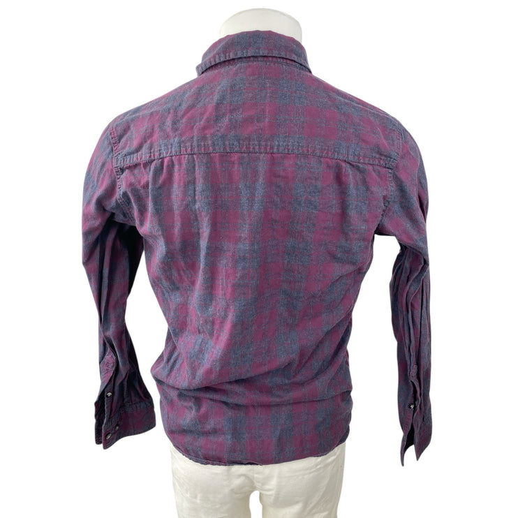 Men's Purple Plaid Checkered Collared Long Sleeve Casual Button Down Shirt Top S