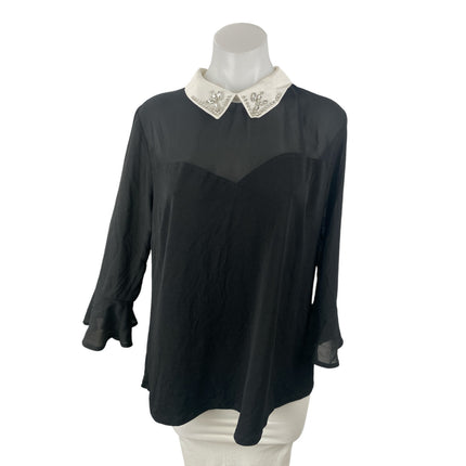 Faith and Joy Women's Black Mesh Long Sleeve Collared Layered Blouse Top Size L
