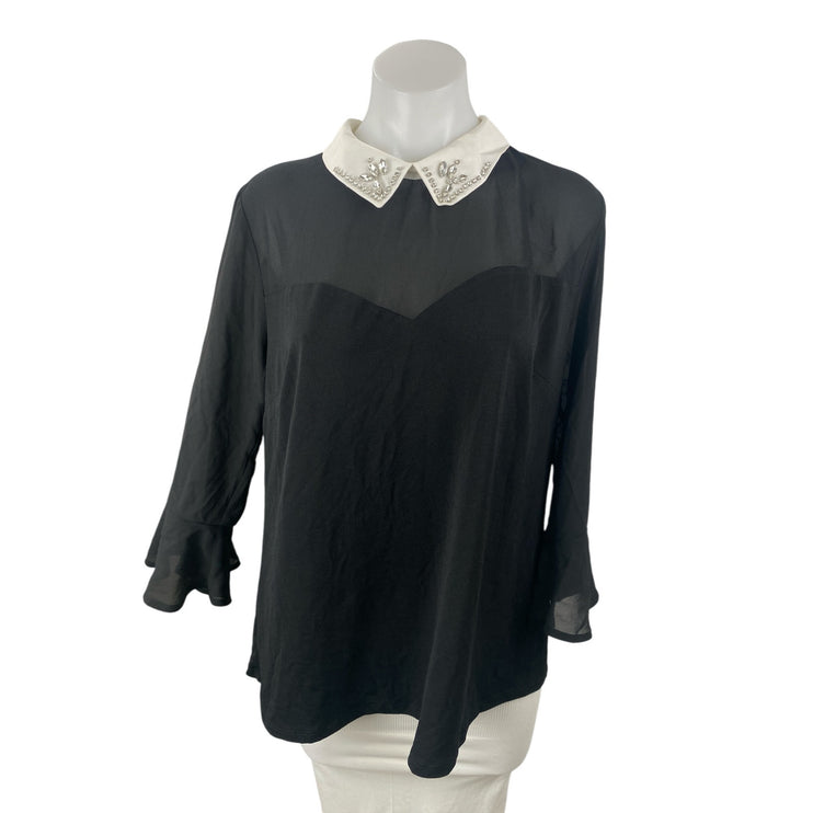 Faith and Joy Women's Black Mesh Long Sleeve Collared Layered Blouse Top Size L