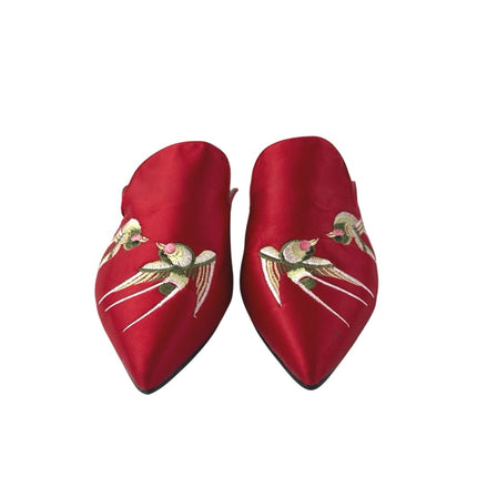 Veowalk Swallow Womens Red Embroidered Satin Pointed Toe Slip On Flats Size 7