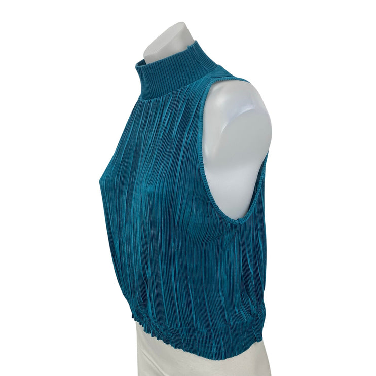 Zara Women's Blue Pleated Knit Plisse Turtleneck Sleeveless Blouse Top Size M