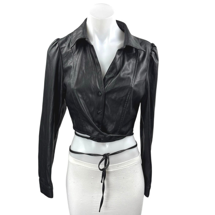 Lucy Paris Black Faux Leather Vegan Long Sleeve Tie Waist Button Up Crop Top S