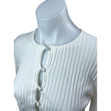 Urban Outfitters White Ribbed Knit Long Sleeve Button Down Sweater Crop Top Sz L