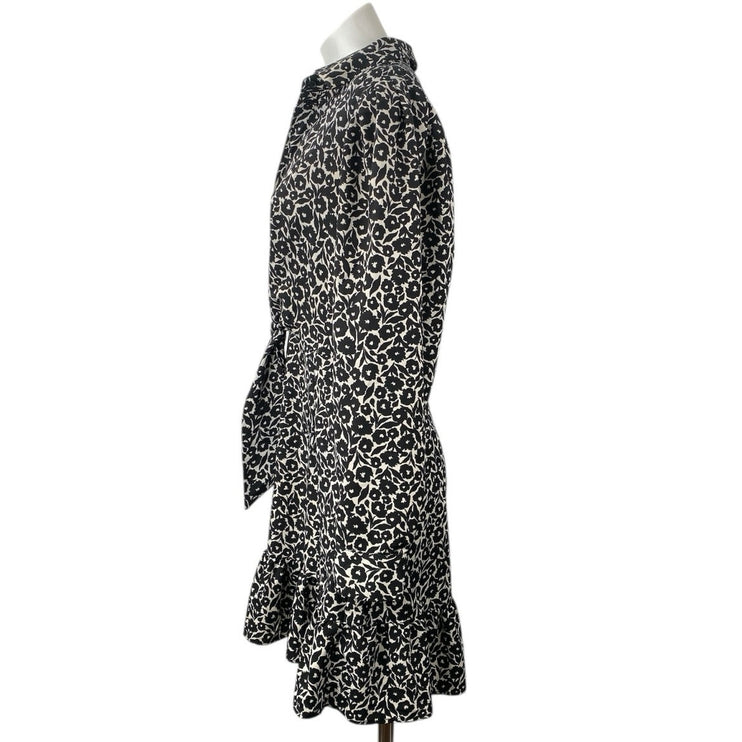 Topshop Black Floral Button Collared Bow Front Long Sleeve Mini Shirt Dress Sz 8