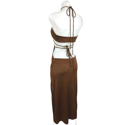 H:ours Brown Halter Cutouts Side Slit Ruched Sexy Midi Summer Dress Size S