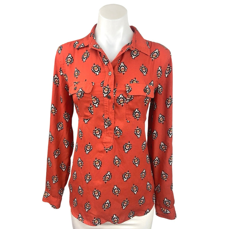 Ann Taylor LOFT Orange Printed Pocket Button Front Long Sleeve Shirt Top Size S