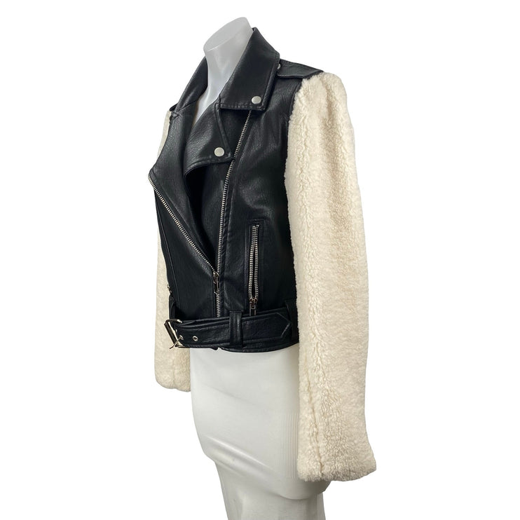 BuddyLove Women's Faux Vegan Leather Sherpa Long Sleeve Moto Biker Coat Jacket S