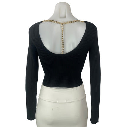 ASTR The Label Black Long Sleeves Ribbed Knit Open Back Chain Crop Sweater Top S
