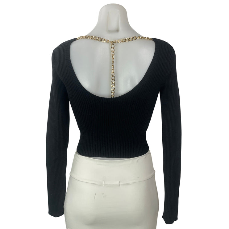 ASTR The Label Black Long Sleeves Ribbed Knit Open Back Chain Crop Sweater Top S