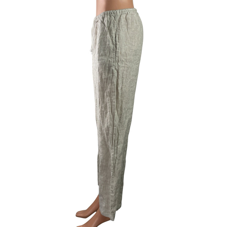 Brandy Melville 100% Linen Green Striped Dawstring Wide Leg Trousers Pants Sz S