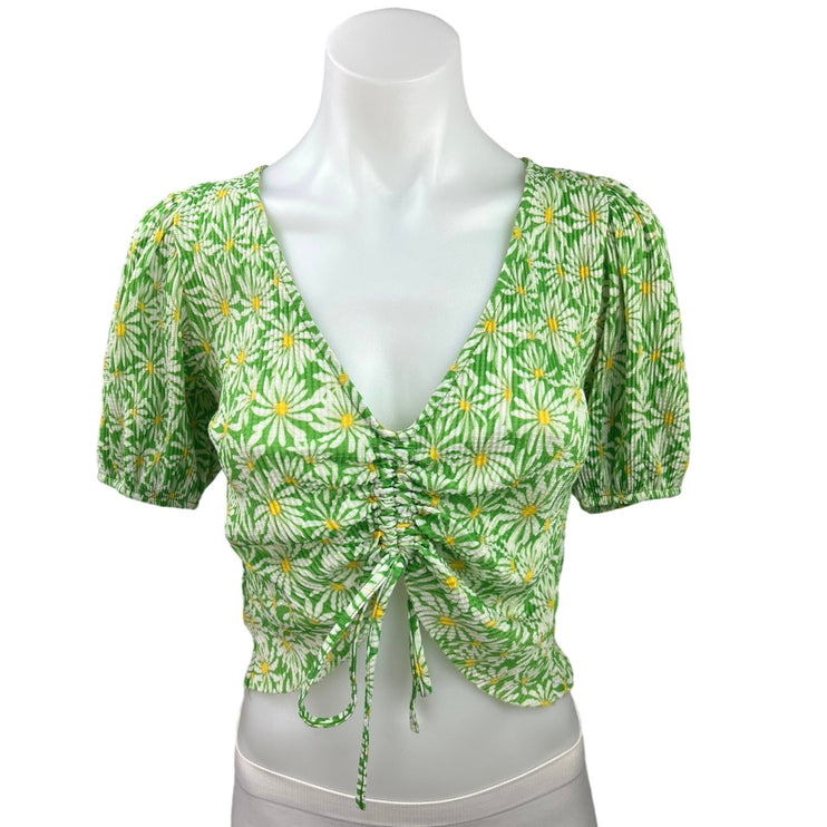 Zara Green Floral Puff Sleeve Deep V Tropical Ruched Tie Crop Blouse Top Size S