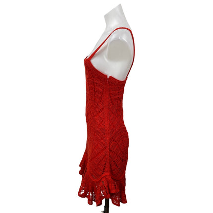 Zara Red Sleeveless Lace Ruffle Open Knit Crochet Peplum Tank A-Line Dress Sz S