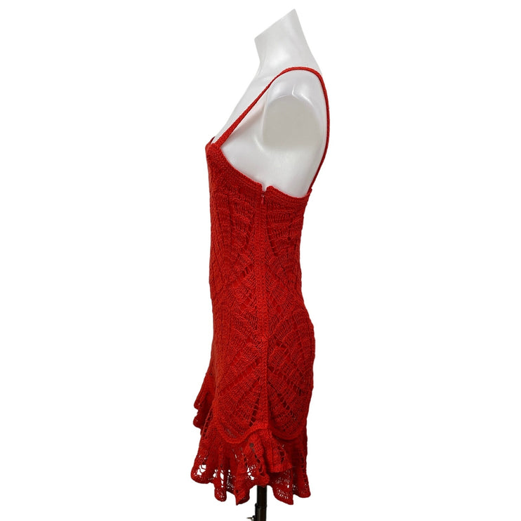 Zara Red Sleeveless Lace Ruffle Open Knit Crochet Peplum Tank A-Line Dress Sz S