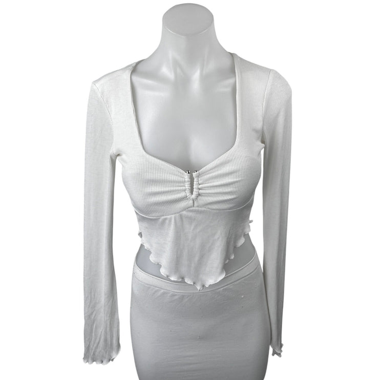 Steele White Ribbed Knit Long Sleeve Lettuce Edge Asymmetric Crop Top Size XS