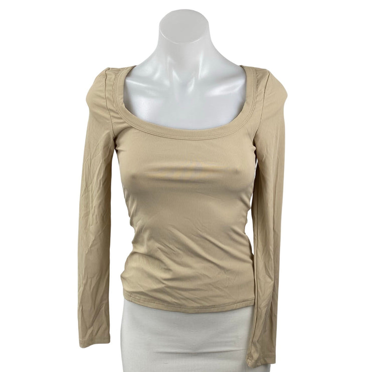 Princess Polly Women's Beige Ribbed Square Neck Long Sleeve Slim T-Shirt Top 4