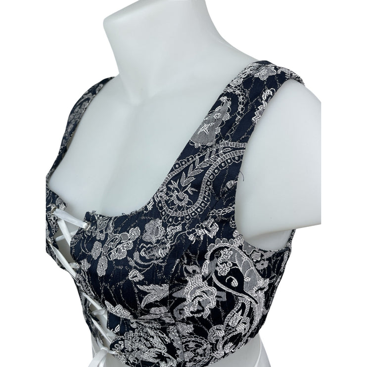 NEW Cider Black Paisley Floral Embroidered Lace Up Corset Bustier Crop Top Sz XL