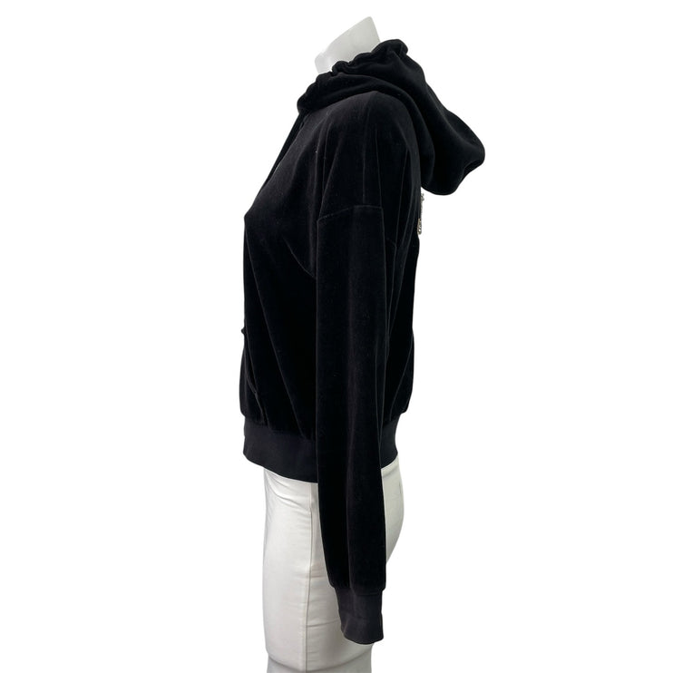 Juicy Couture Black Rhinestone Velvet Velour Zip Up Long Sleeve Hooded Hoodie S