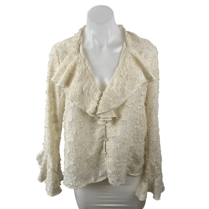 Zara Cream Beige Distressed Fringe Long Sleeve Ruffle Shirt Blouse Top Size S