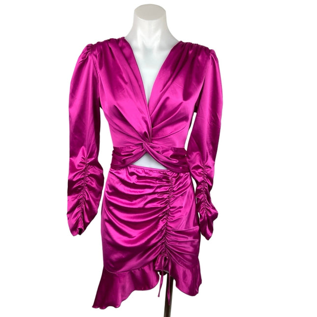 Glamaker Purple Satin Twist Front Cut-Out Ruffles Ruched Bodycon Mini Dress Sz S